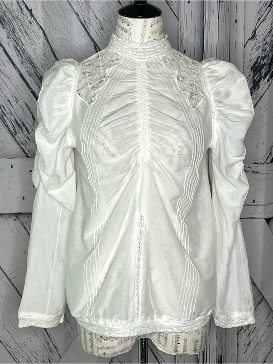 FARM Rio Tops - Farm Rio Off White Victorian Inset Lace Blouse Long Puffed Sleeved Size M